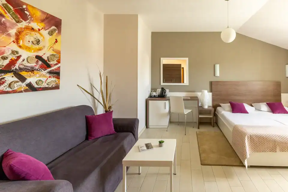 Moderna hotelska soba s bračnim krevetom i kaučem