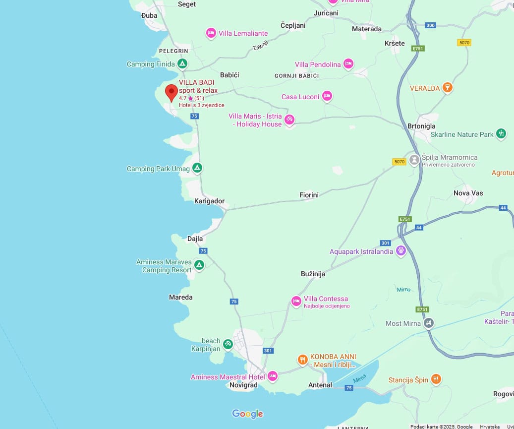 Karta Novigrad Istra i okolne znamenitosti.